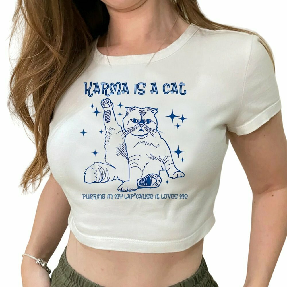 Y2K Grunge Crop Top 'KARMA IS A CAT' - Retro 90s Fashion, Summer Y2