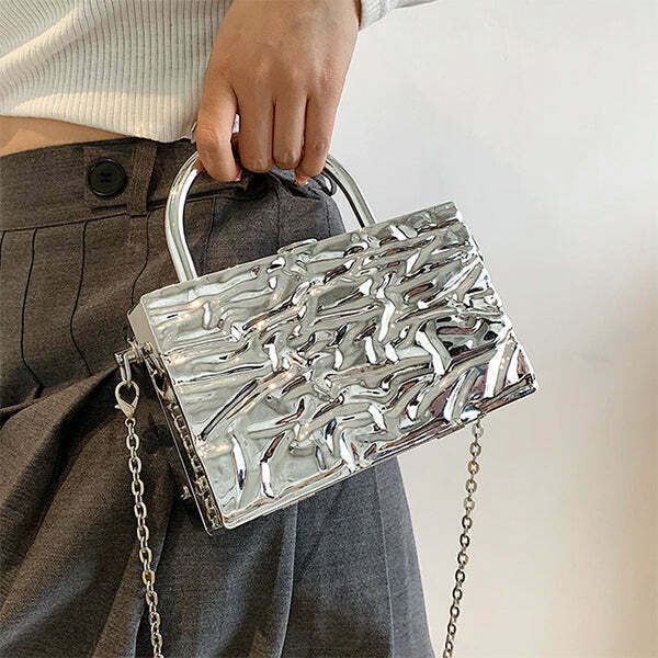 Y2K Grunge Crumpled Metal Chain Bag - Retro 90s Fashion, Y2K Summer & Party Out