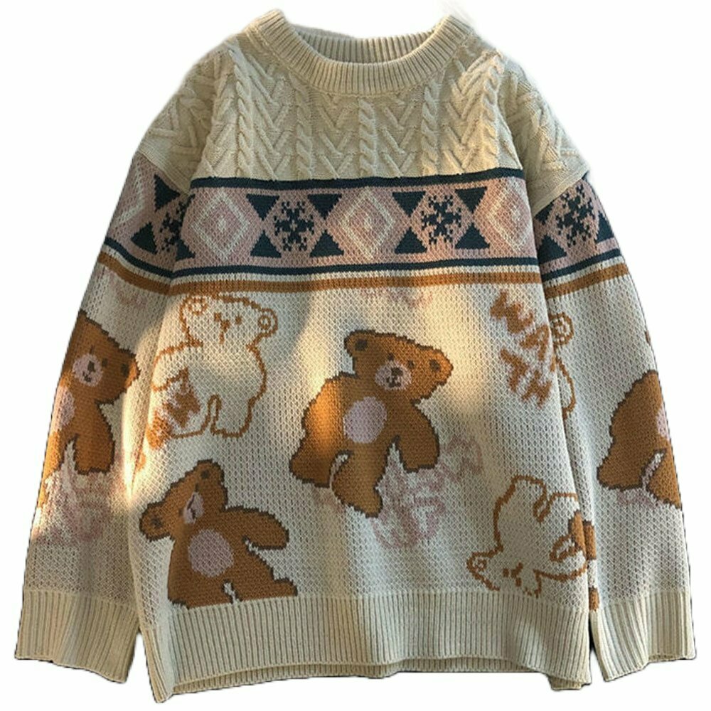 Y2K Grunge Cute Bear Vintage Oversize Knit Sweater - 90s Fashion, Retro Style, Pastel Goth