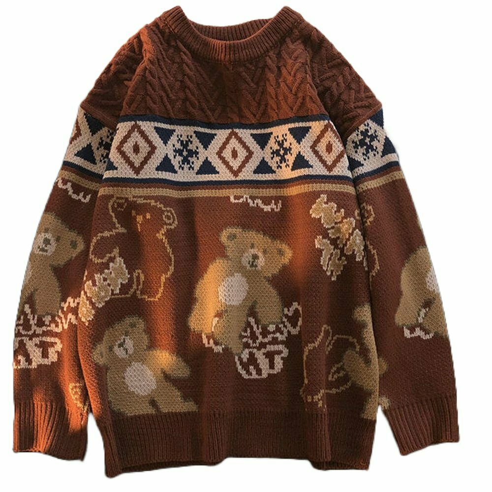 Y2K Grunge Cute Bear Vintage Oversize Knit Sweater - 90s Fashion, Retro Style, Pastel Goth