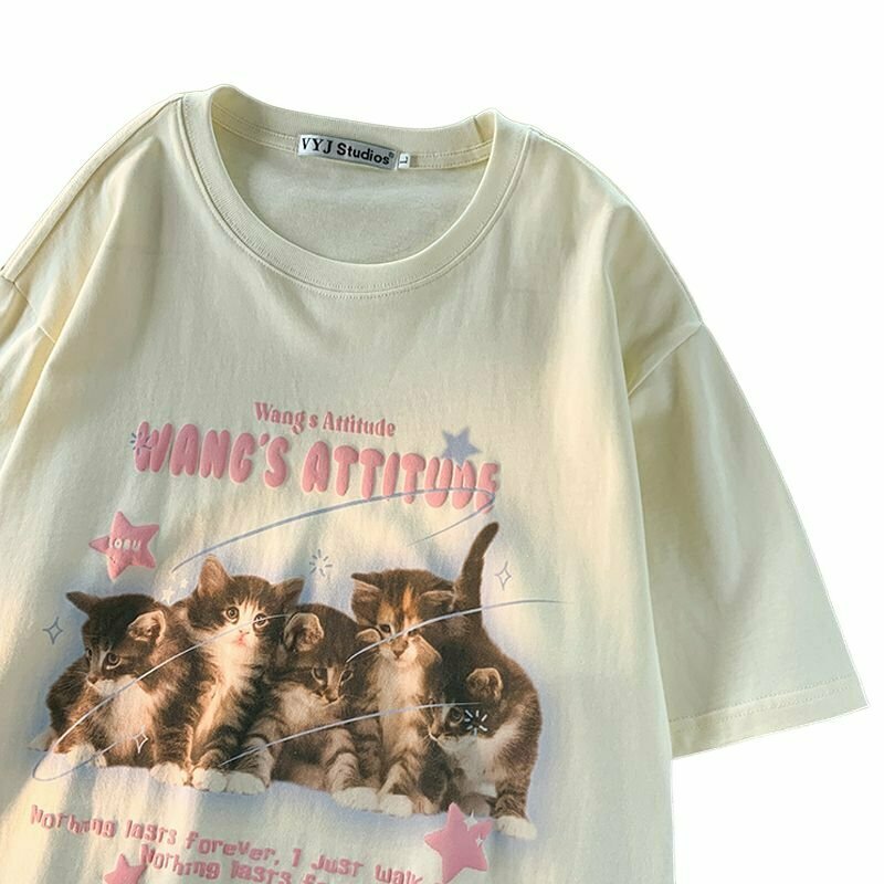 Y2K Grunge Cute Kitten Printed Graphic T-Shirt - Retro 90s Summer Outfit for Women