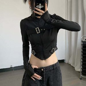 Y2K Grunge Cyber Gothic Crop Hoodie - Retro 90s Fashion, Summer Y2K Outfits, Pastel