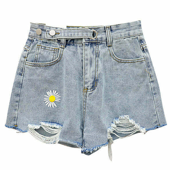 Y2K Grunge Daisy Denim Shorts - Retro 90s Summer Outfit, Pastel Goth, Hip Hop Fashion