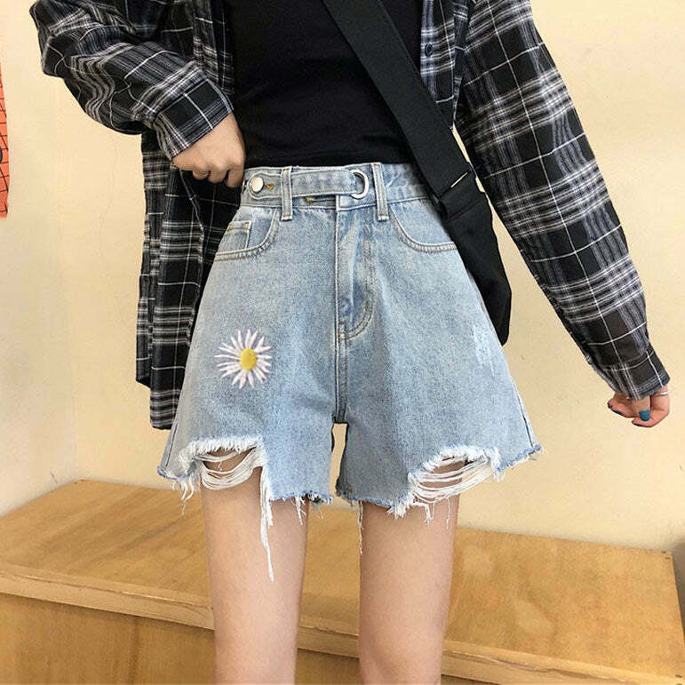 Y2K Grunge Daisy Denim Shorts - Retro 90s Summer Outfit, Pastel Goth, Hip Hop Fashion