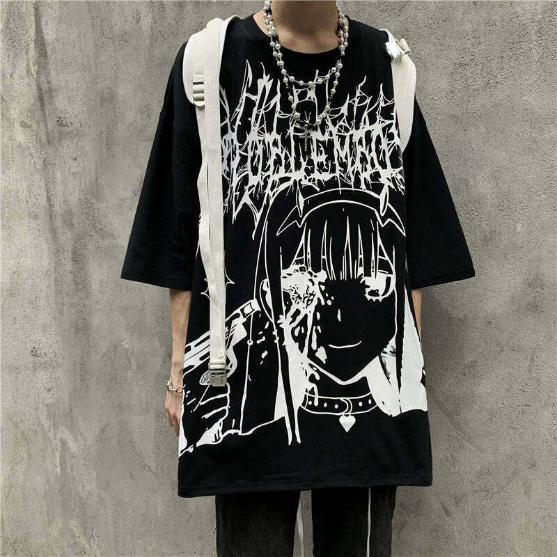 Y2K Grunge Dark Anime Egirl Black T-Shirt - Retro 90s Fashion, Y2K Summer & Party