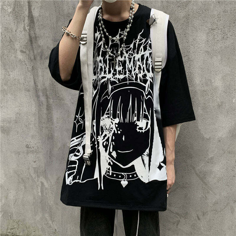 Y2K Grunge Dark Anime Egirl Black T-Shirt - Retro 90s Fashion, Y2K Summer & Party