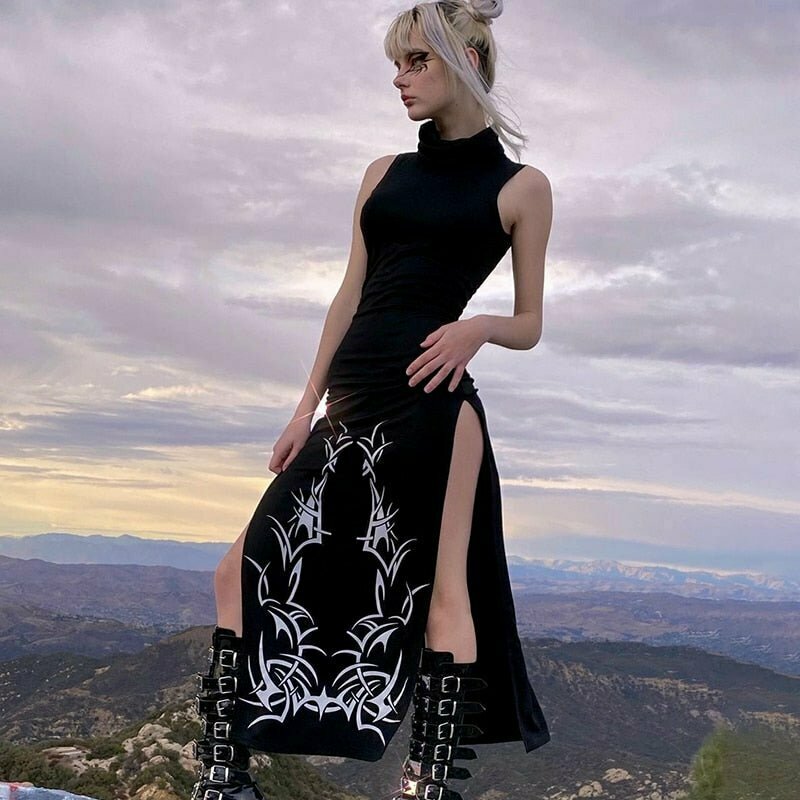 Y2K Grunge Dark Split Side Goth Dress - Perfect for 90s Fashion, Summer Outfits, and Parties