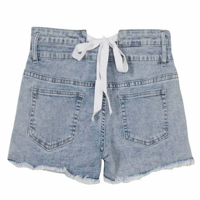 Y2K Grunge Denim Bow Tie Shorts - Retro 90s Summer Outfit, Pastel Goth, Hip Hop Fashion