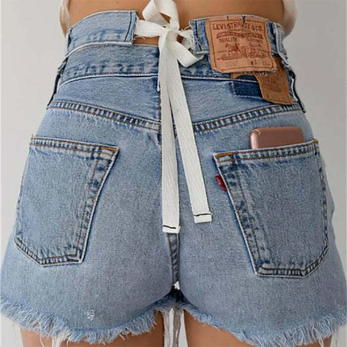 Y2K Grunge Denim Bow Tie Shorts - Retro 90s Summer Outfit, Pastel Goth, Hip Hop Fashion