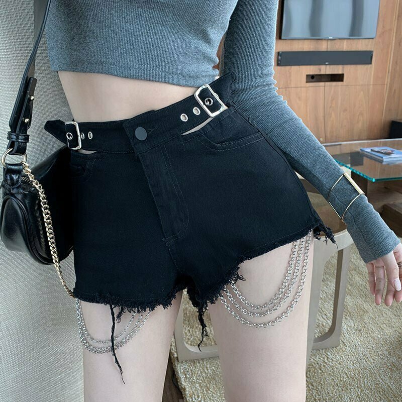 Y2K Grunge Denim Chain Shorts - Retro 90s Summer Outfit, Y2K Fashion, Gothic Style