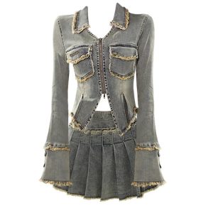 Y2K Grunge Denim Jacket & Pleated Skirt Set - Retro 90s Summer Outfit, Y2K Fashion