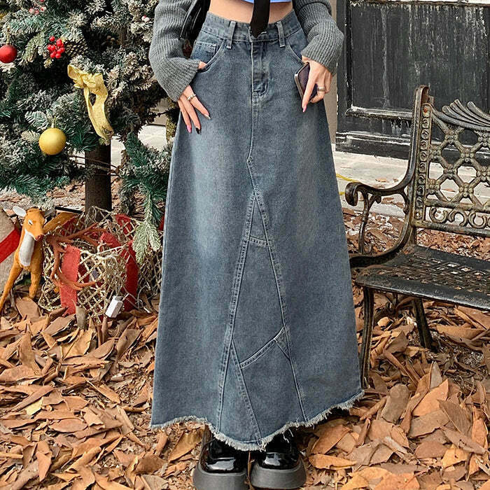 Y2K Grunge Denim Long Skirt - Retro 90s Fashion, Summer Outfits, and Pastel Goth Style