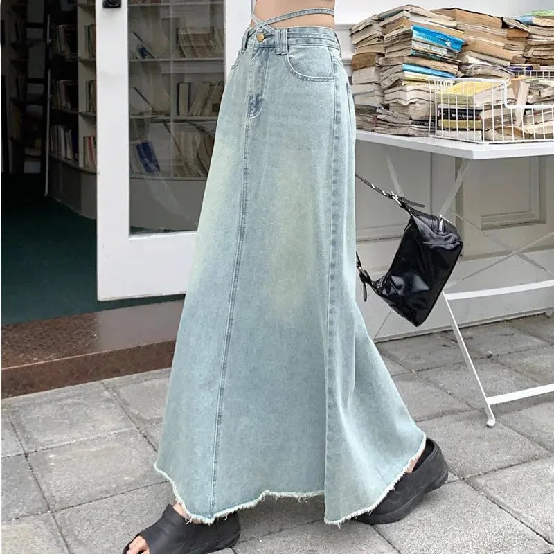 Y2K Grunge Denim Maxi Skirt - 90s Retro Summer Outfit, Y2K Fashion, Pastel Goth