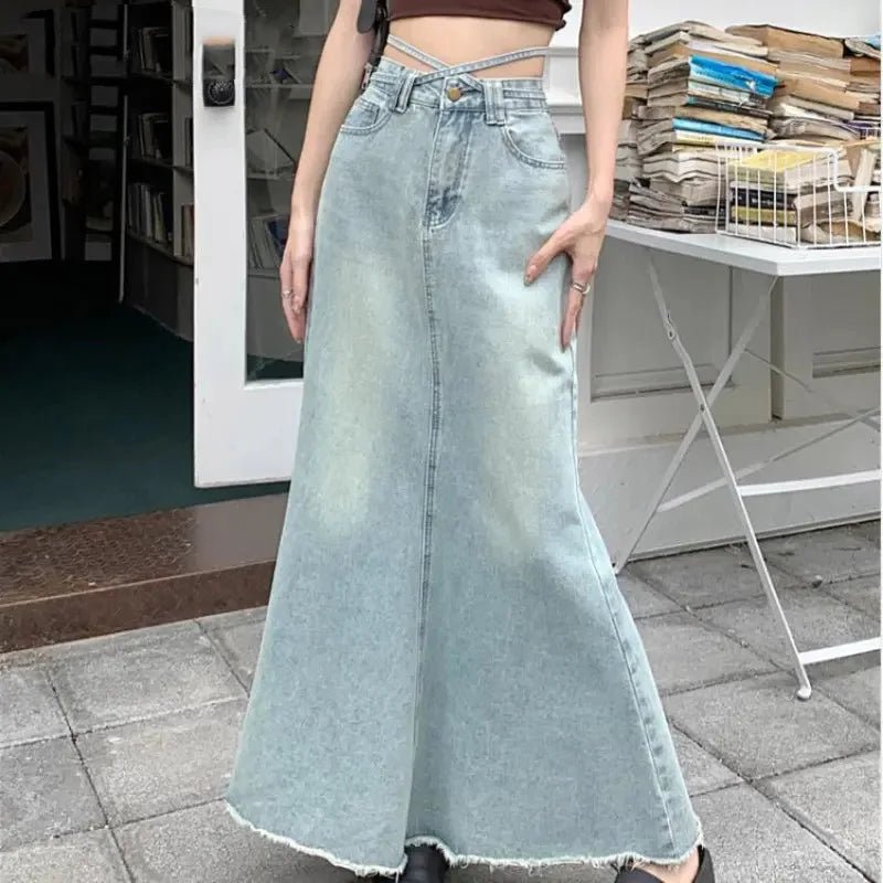 Y2K Grunge Denim Maxi Skirt - 90s Retro Summer Outfit, Y2K Fashion, Pastel Goth