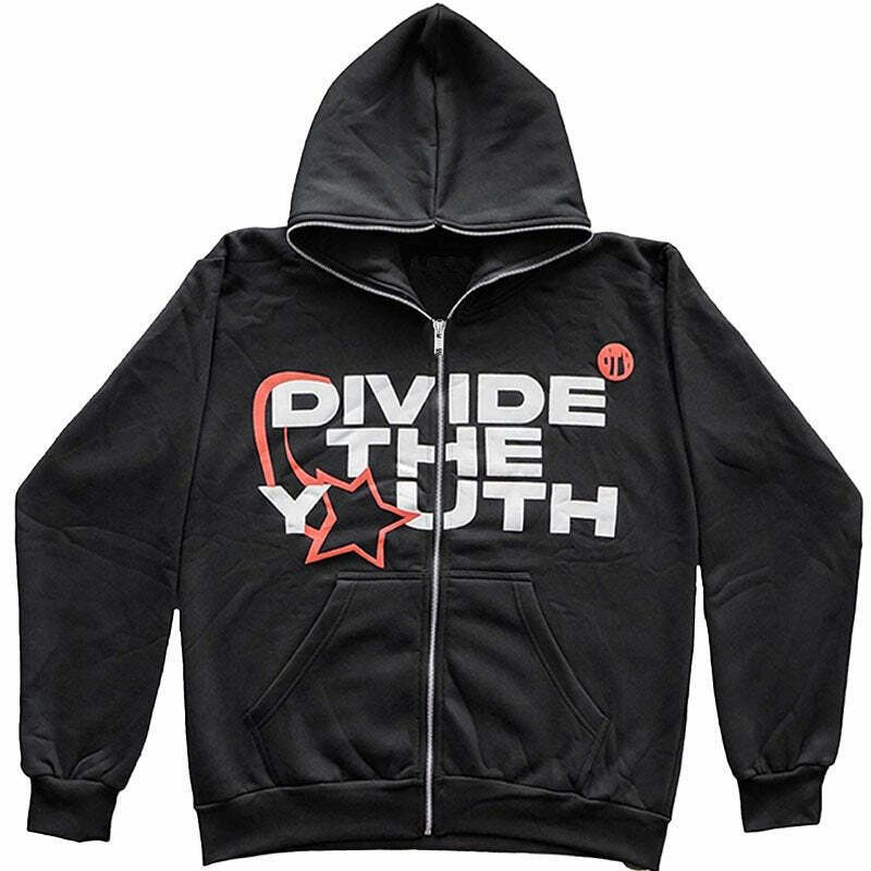 Y2K Grunge 'DIVIDE THE YOUTH' Zip Hoodie - Retro 90s Fashion, Summer Y2K