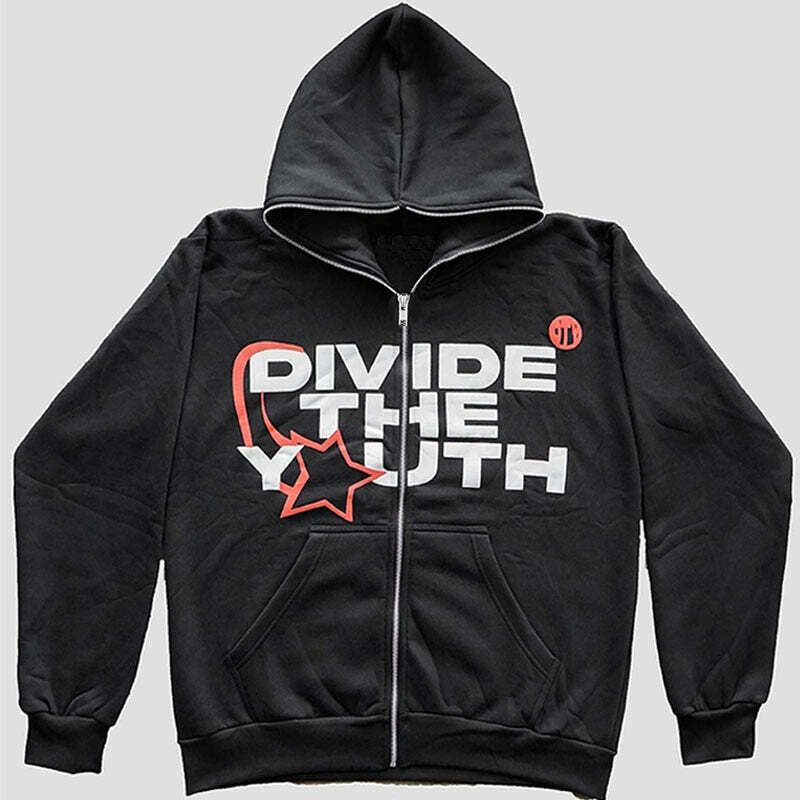 Y2K Grunge 'DIVIDE THE YOUTH' Zip Hoodie - Retro 90s Fashion, Summer Y2K