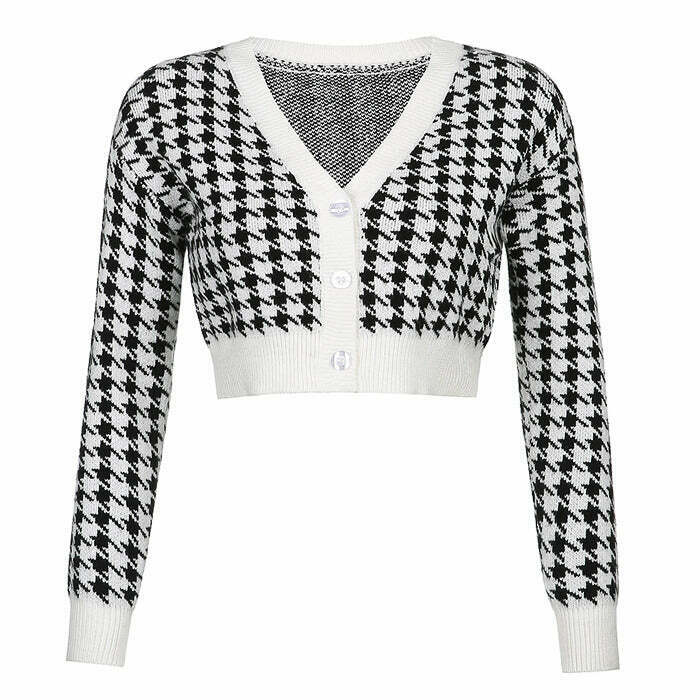 Y2K Grunge Dogtooth Check Crop Cardigan - Retro 90s Fashion, Summer Y2K Outfits