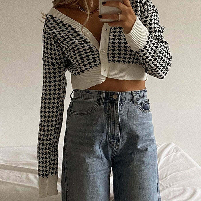 Y2K Grunge Dogtooth Check Crop Cardigan - Retro 90s Fashion, Summer Y2K Outfits