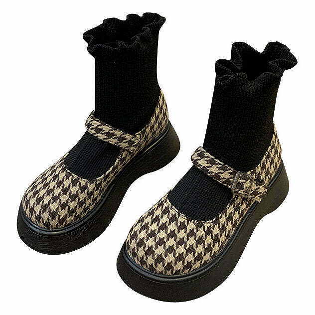 Y2K Grunge Dogtooth Check Sock Sandals - Retro 90s Fashion, Summer Y2K Outfits