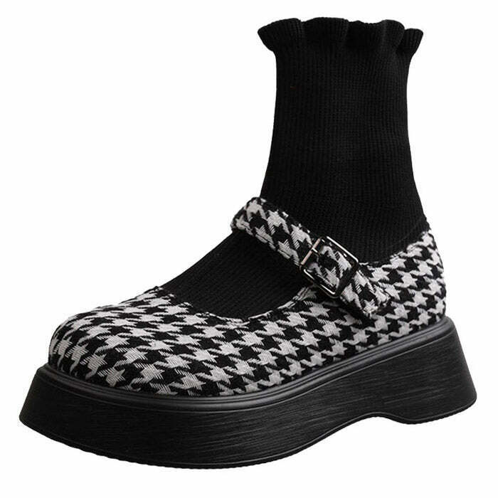 Y2K Grunge Dogtooth Check Sock Sandals - Retro 90s Fashion, Summer Y2K Outfits