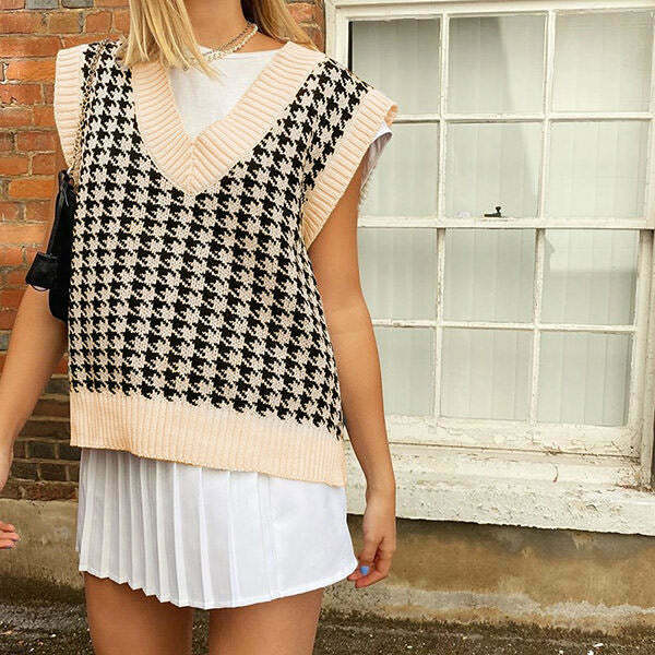 Y2K Grunge Dogtooth Check Vest - Retro 90s Fashion, Summer Outfits, and Party Looks