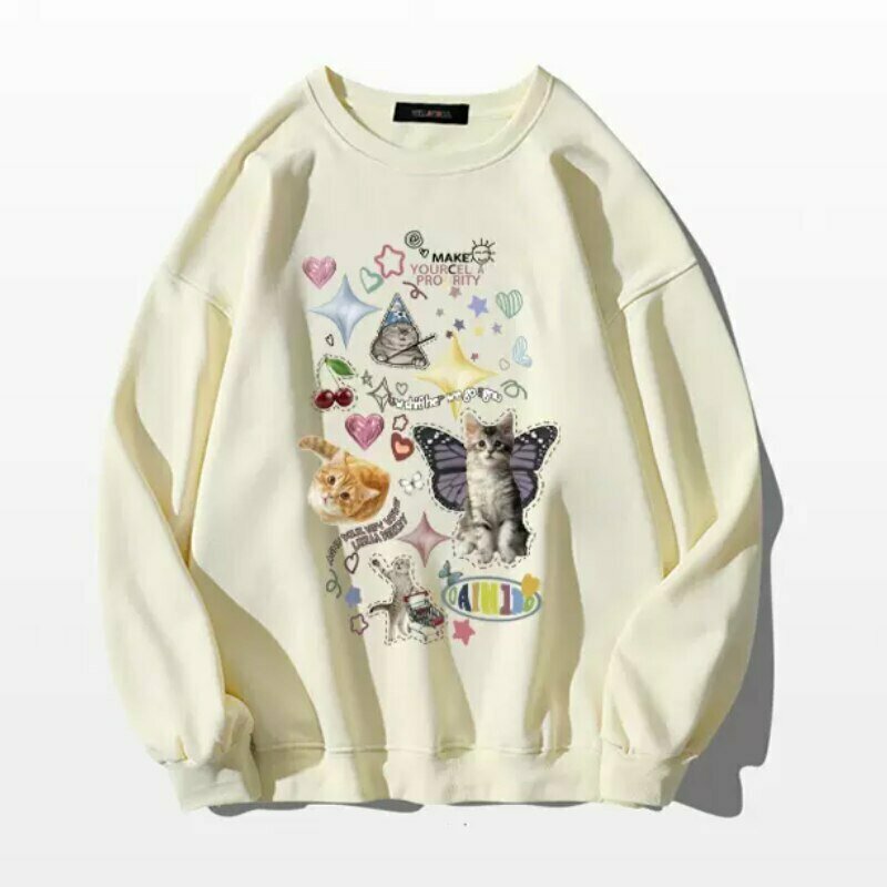 Y2K Grunge Dreamcore Cat Print Long Sleeve Hoodie - Retro 90s Fashion, Pastel Goth Style