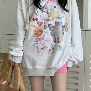 Y2K Grunge Dreamcore Cat Print Long Sleeve Hoodie - Retro 90s Fashion, Pastel Goth Style