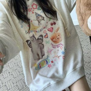 Y2K Grunge Dreamcore Cat Print Long Sleeve Hoodie - Retro 90s Fashion, Pastel Goth Style