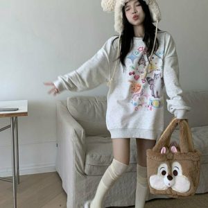 Y2K Grunge Dreamcore Cat Print Long Sleeve Hoodie - Retro 90s Fashion, Pastel Goth Style