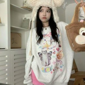 Y2K Grunge Dreamcore Cat Print Long Sleeve Hoodie - Retro 90s Fashion, Pastel Goth Style