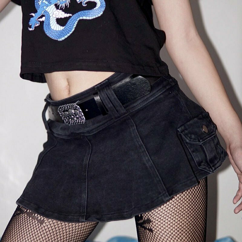 Y2K Grunge EGirl Mini Skirt with Skull Belt - Retro 90s Fashion, Summer Y2K Out