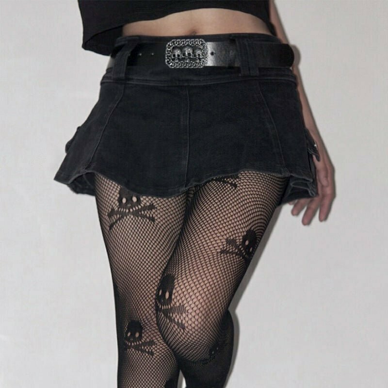 Y2K Grunge EGirl Mini Skirt with Skull Belt - Retro 90s Fashion, Summer Y2K Out