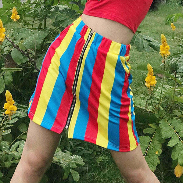 Y2K Grunge Elastic Waist Striped Skirt - Retro 90s Summer Outfit, Pastel Goth Style