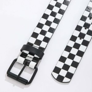 Y2K Grunge Embossed Checker Fashion Belt - Retro 90s Summer Outfit Accessory