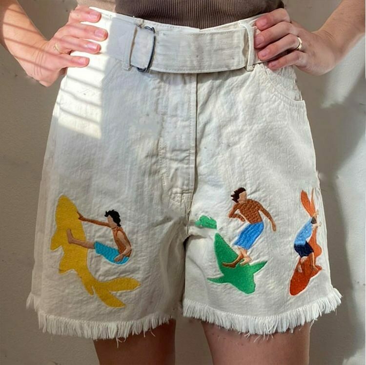 Y2K Grunge Embroidered Surfing & Sharks Shorts - Retro 90s Summer Outfit for Women