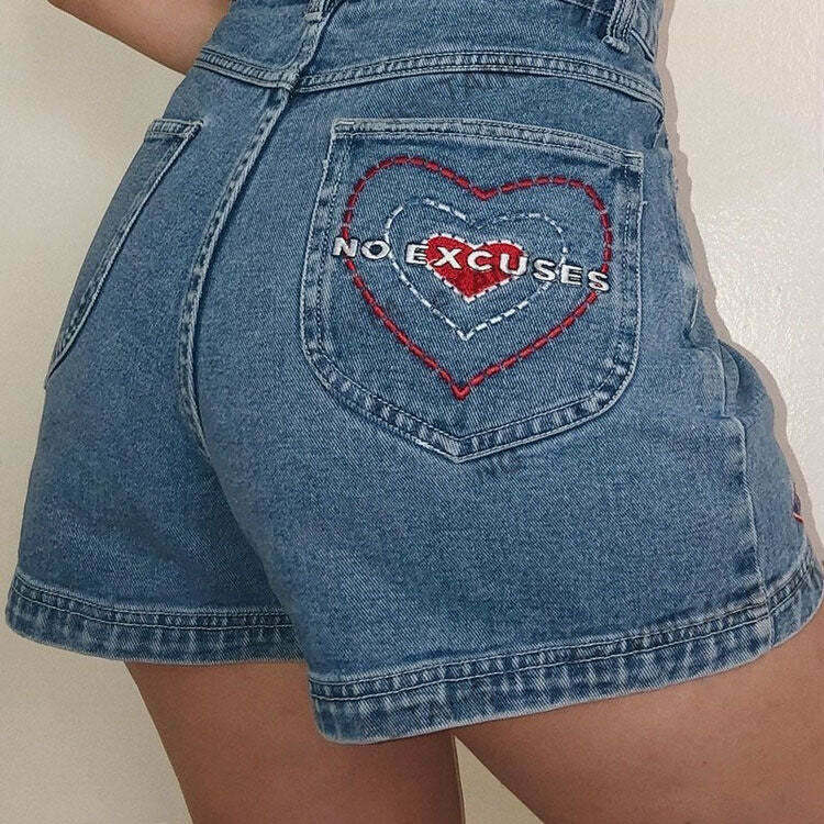 Y2K Grunge Embroidery Denim Shorts - Retro 90s Summer Outfit, Y2K Fashion Essentials