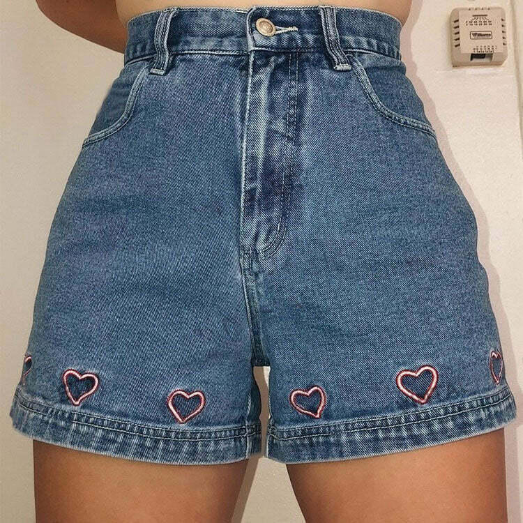 Y2K Grunge Embroidery Denim Shorts - Retro 90s Summer Outfit, Y2K Fashion Essentials