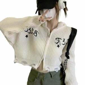 Y2K Grunge Embroidery Hooded Cropped Cardigan - 90s Retro Summer Outfit