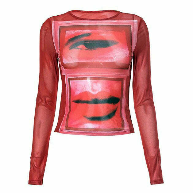 Y2K Grunge Eye & Lips Print Mesh Top in Red - Retro 90s Fashion, Summer Party Outfit