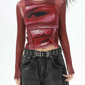 Y2K Grunge Eye & Lips Print Mesh Top in Red - Retro 90s Fashion, Summer Party Outfit