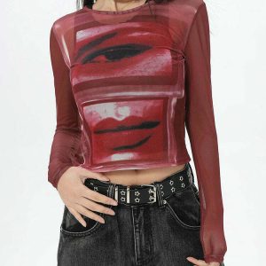 Y2K Grunge Eye & Lips Print Mesh Top in Red - Retro 90s Fashion, Summer Party Outfit