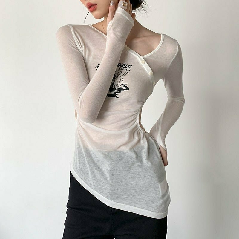 Y2K Grunge Fairy Irregular Long Sleeve Slim T-Shirt - 90s Retro Summer Party Outfit