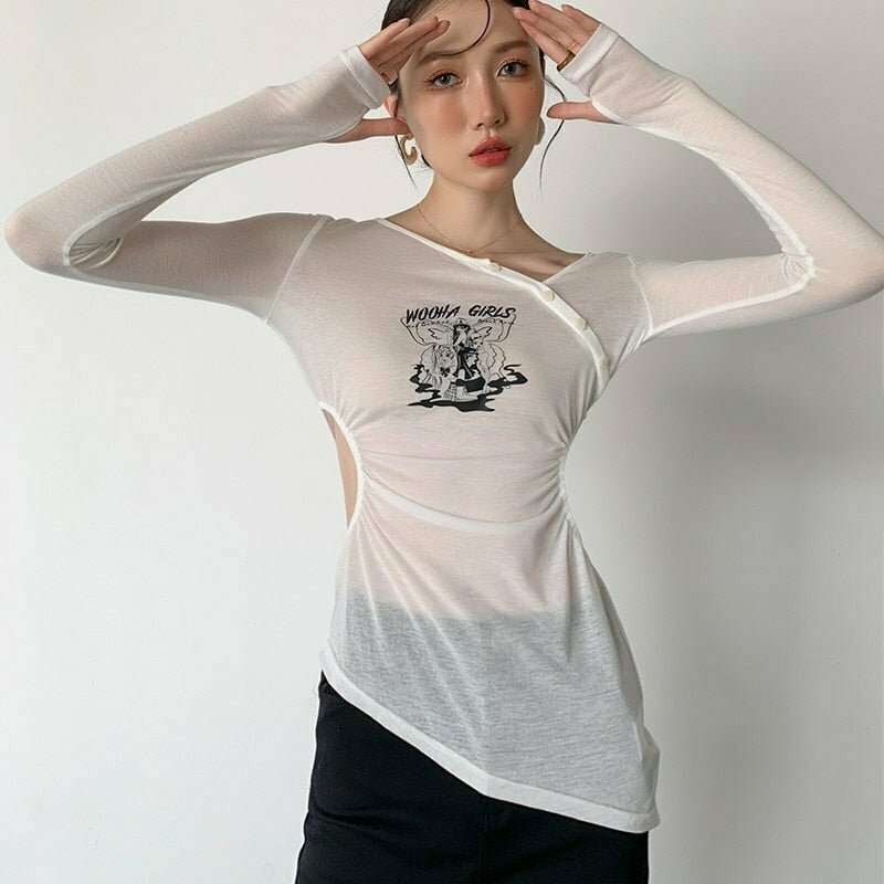 Y2K Grunge Fairy Irregular Long Sleeve Slim T-Shirt - 90s Retro Summer Party Outfit