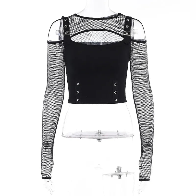 Y2K Grunge Fishnet Patchwork Buckle Crop Top - Retro 90s Summer Party Outfit