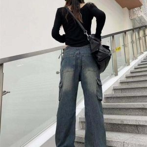 Y2K Grunge Flared Wide Leg Cargo Jeans - Retro 90s Summer Outfit, Pastel Goth Style