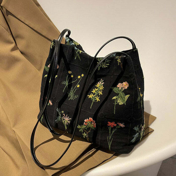 Y2K Grunge Flower Embroidery Bag - Retro 90s Fashion, Summer Y2K Outfits, Pastel