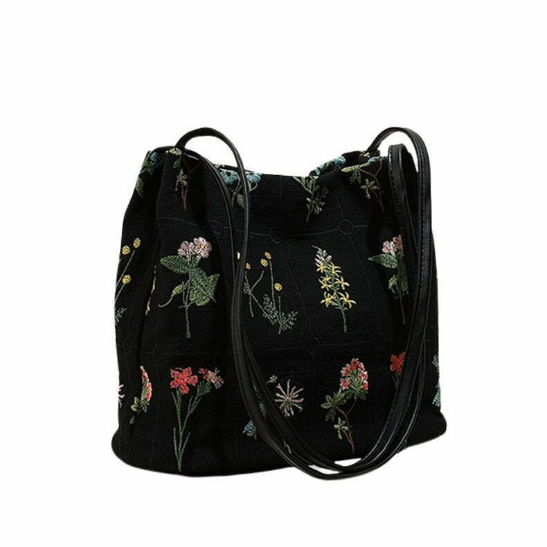 Y2K Grunge Flower Embroidery Bag - Retro 90s Fashion, Summer Y2K Outfits, Pastel