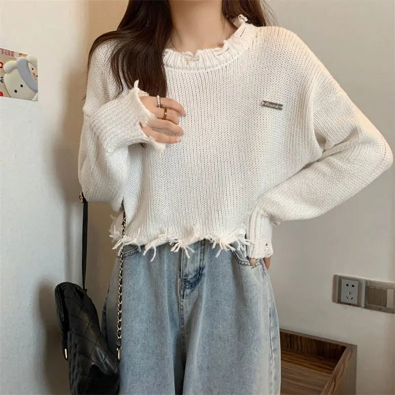 Y2K Grunge Frayed Cotton Cloud Sweater - 90s Retro Summer Outfit, Pastel Goth Style