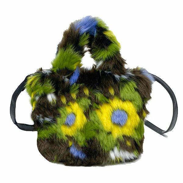 Y2K Grunge Fuzzy Flower Mini Bag - Retro 90s Summer Outfit Essential for Y2K Fashion