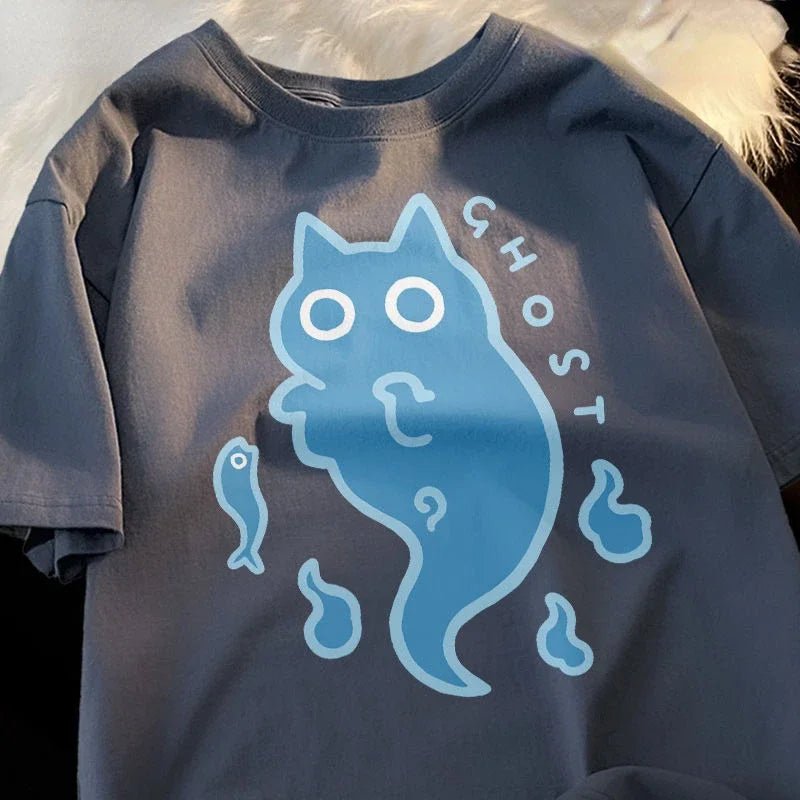 Y2K Grunge Ghost Cat Cotton T-Shirt - Retro 90s Summer Outfit, Pastel Goth Style